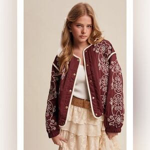 Listicle Maroon Bomber Jacket with White Floral Embroidery